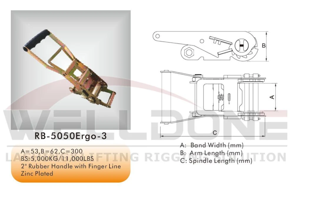 Ergonomic 2inch 50mm 5t 5000kg Finger Line Handle Ergo Ratchet Buckle for Tie Down Strap